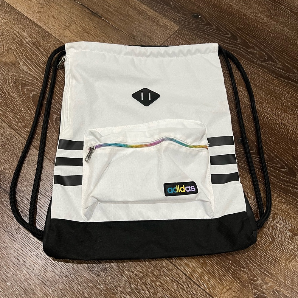 EUC Adidas White and Black Striped Drawstring Bag